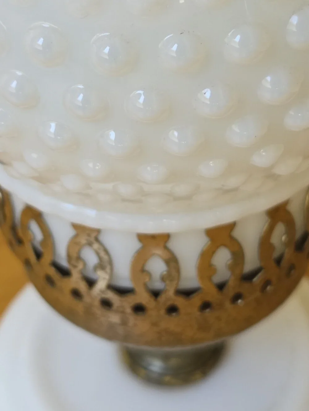 Vintage Hobnail Milk Glass Table Lamp with Floral Base Cottagecore Boudoir Lamp